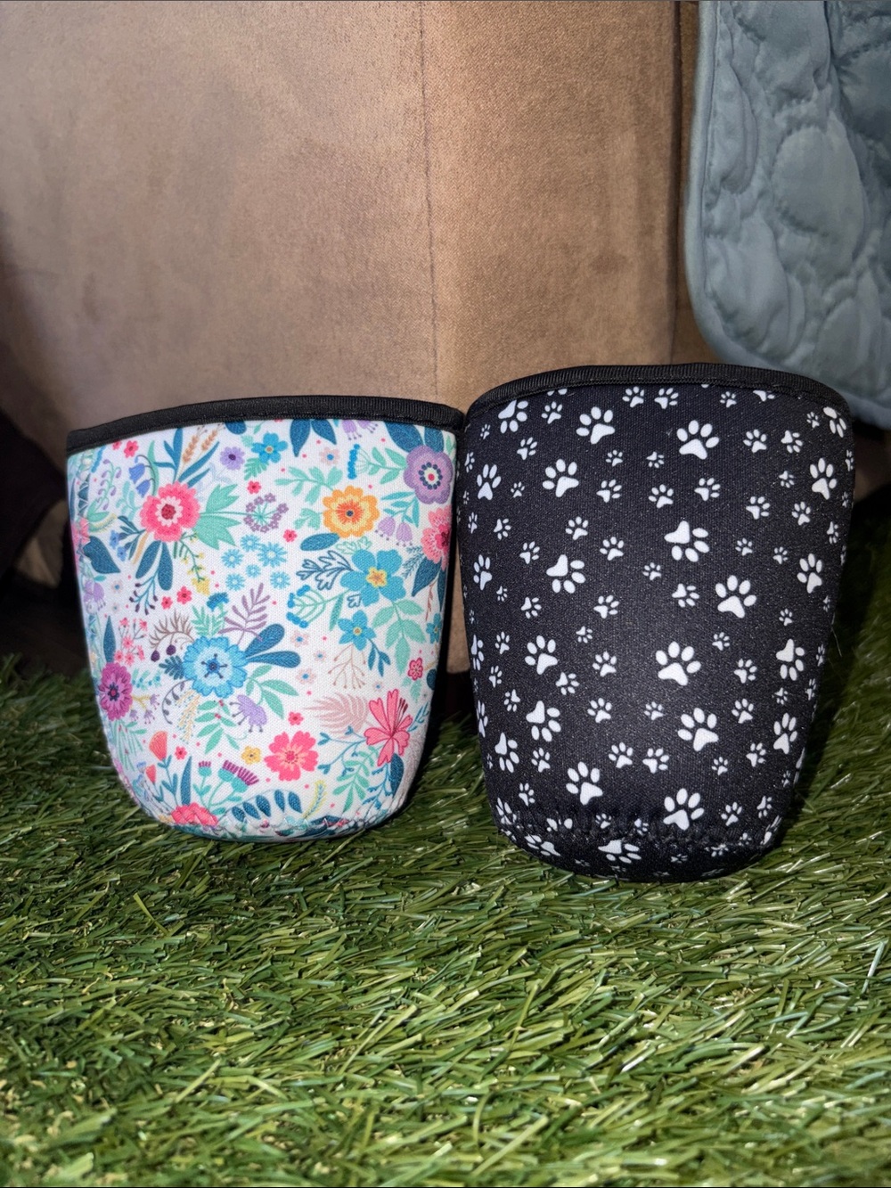 Floral and Paw Print Neoprene Pouches - Colorful Floral & Black Paw